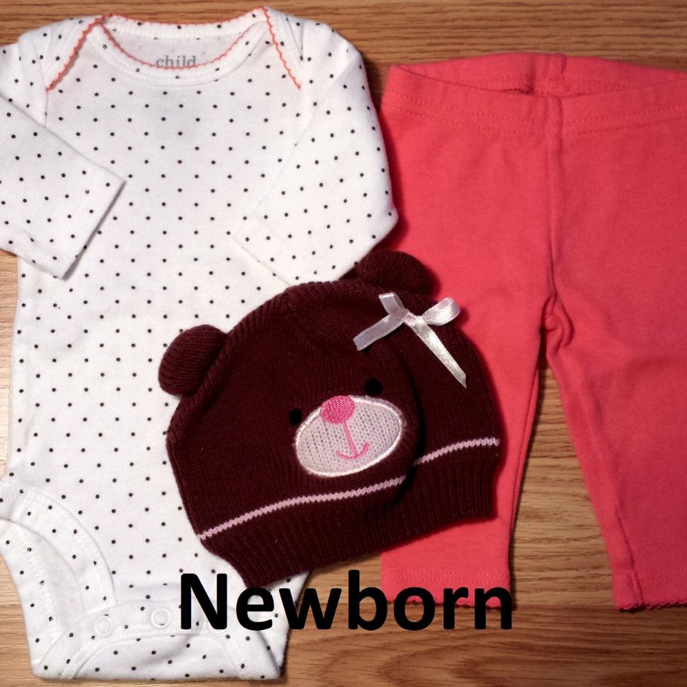 Girl's Size NB Newborn Carter's Top, Pants + Hat